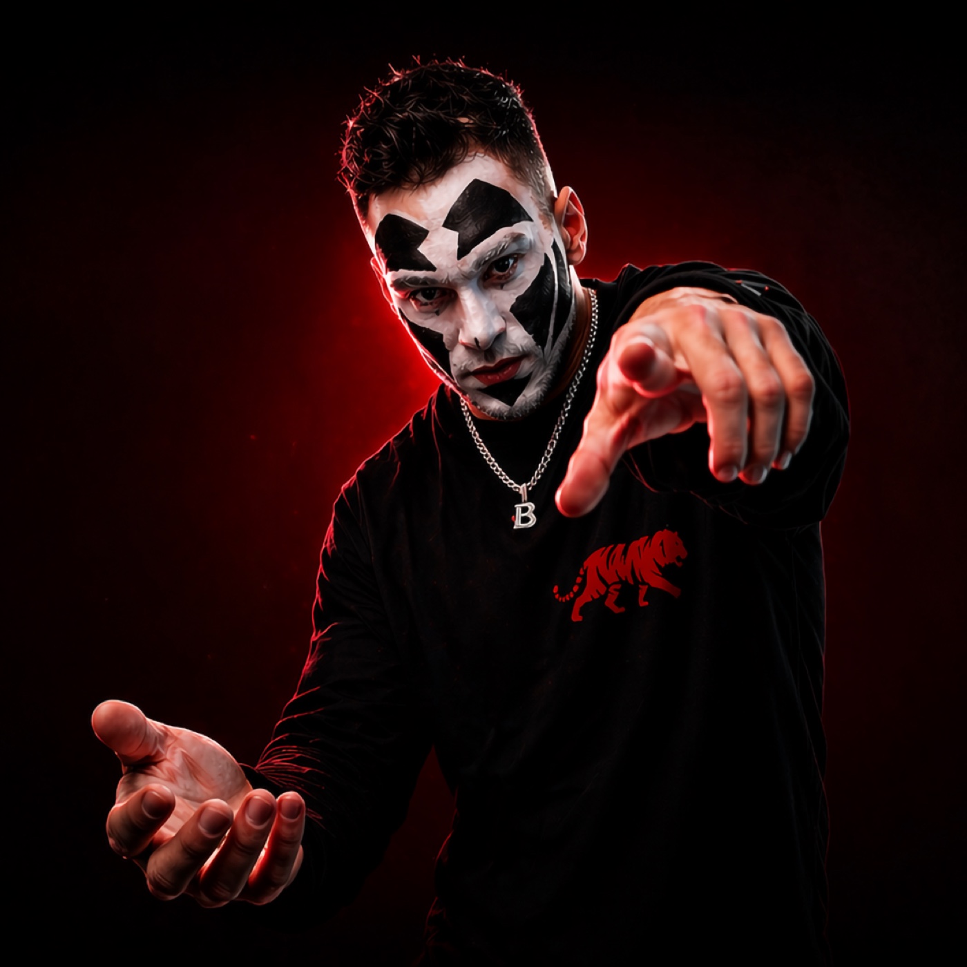 RED T7GER artist portrait, dark cinematic lighting