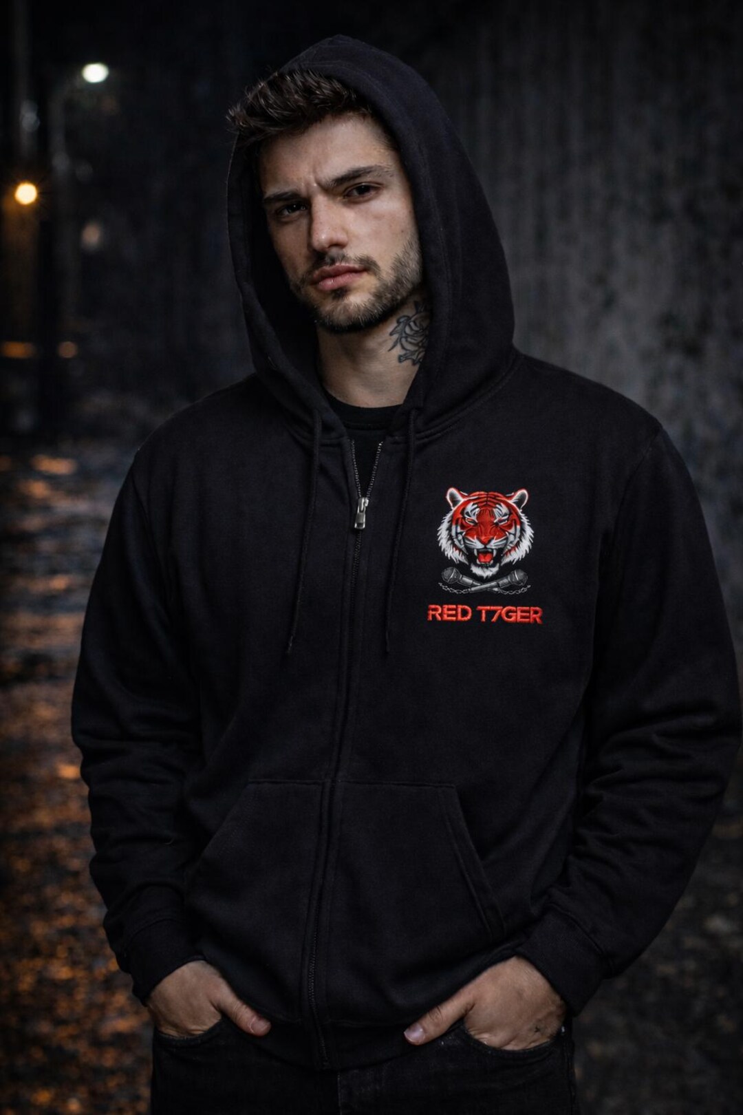 Red Tiger Graphic Zip-Up Hoodie, Dark Streetwear Fleece Jacket — official RED T7GER merch